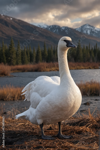 Majestic Tundra Swan by the Lake at Sunset