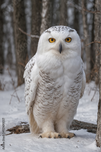 Majestic Snowy Owl in Winter Forest