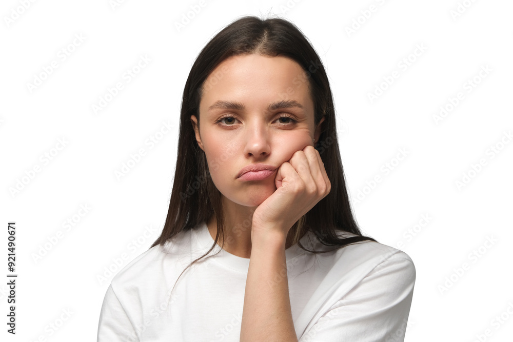 Young woman pressing hand to chin, looking bored, exhausted and disappointed, feeling helpless and upset Young woman pressing hand to chin, looking bored, exhausted and disappointed, feeling helpless and upset