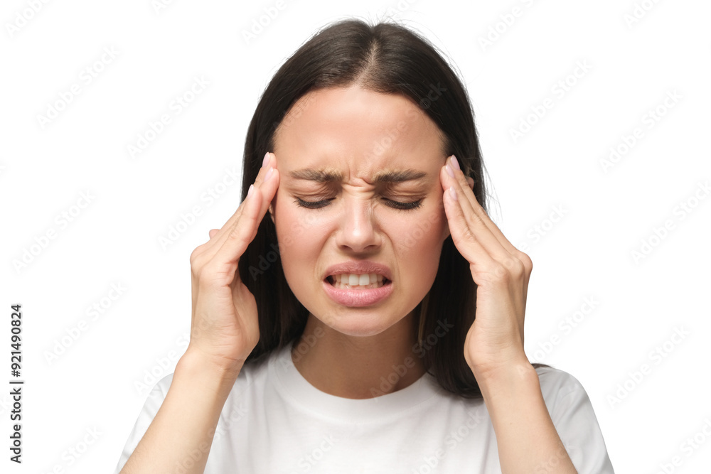 Close-up of young woman in white casual t-shirt touching temples with fingers as if suffering from severe headache Close-up of young woman in white casual t-shirt touching temples with fingers as if suffering from severe headache