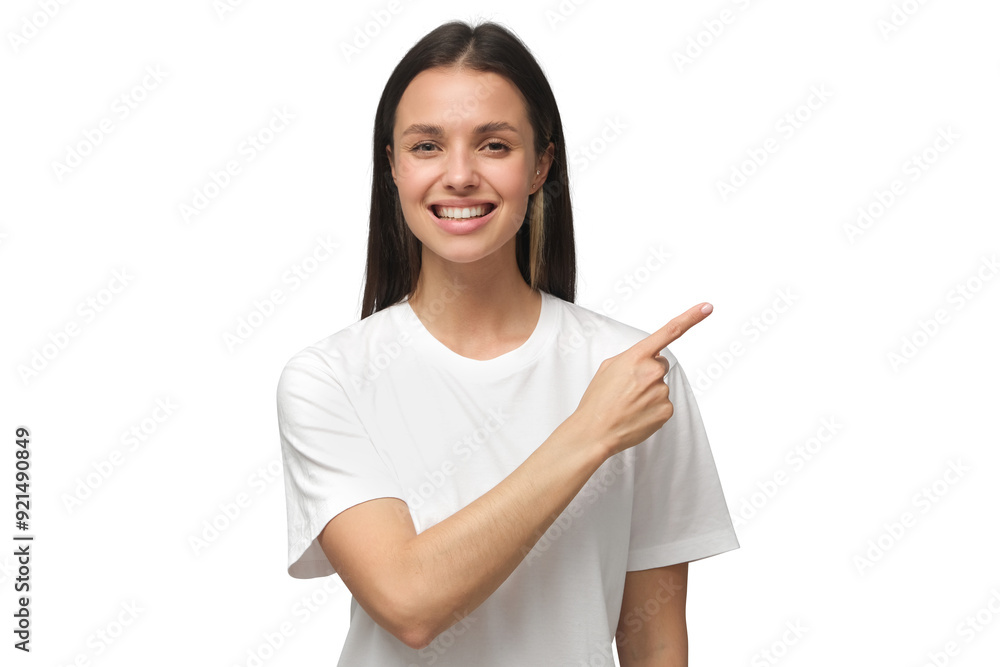 Smiling young woman in white t-shirt pointing right with index finger Smiling young woman in white t-shirt pointing right with index finger