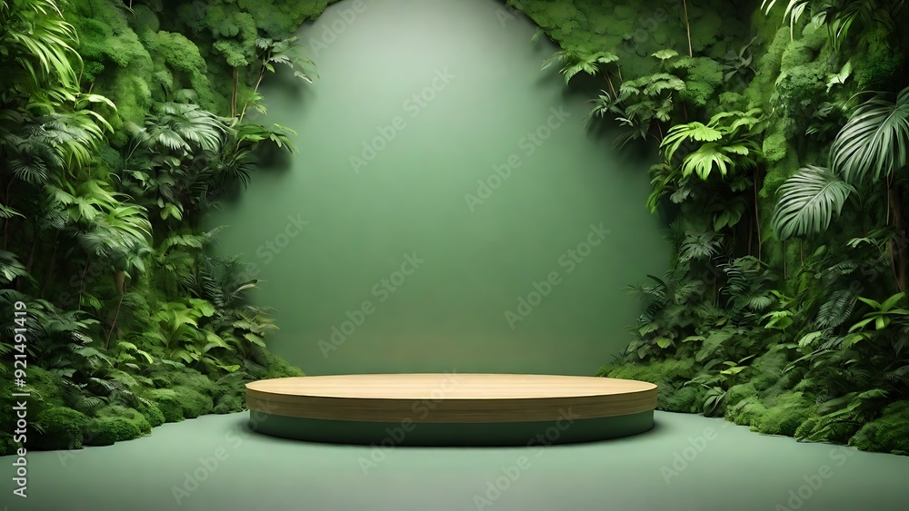 Green round podium with solid background for beauty and cosmetic product display Green round podium with solid background for beauty and cosmetic product display