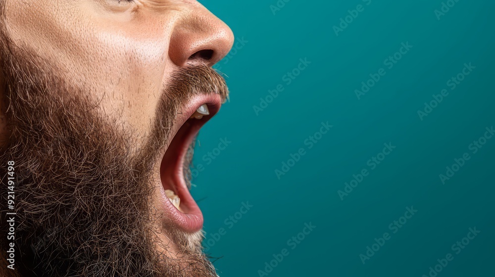 A close-up profile of a man passionately shouting against a vibrant blue-green background, showcasing raw emotion and intense expression. A close-up profile of a man passionately shouting against a vibrant blue-green background, showcasing raw emotion and intense expression.