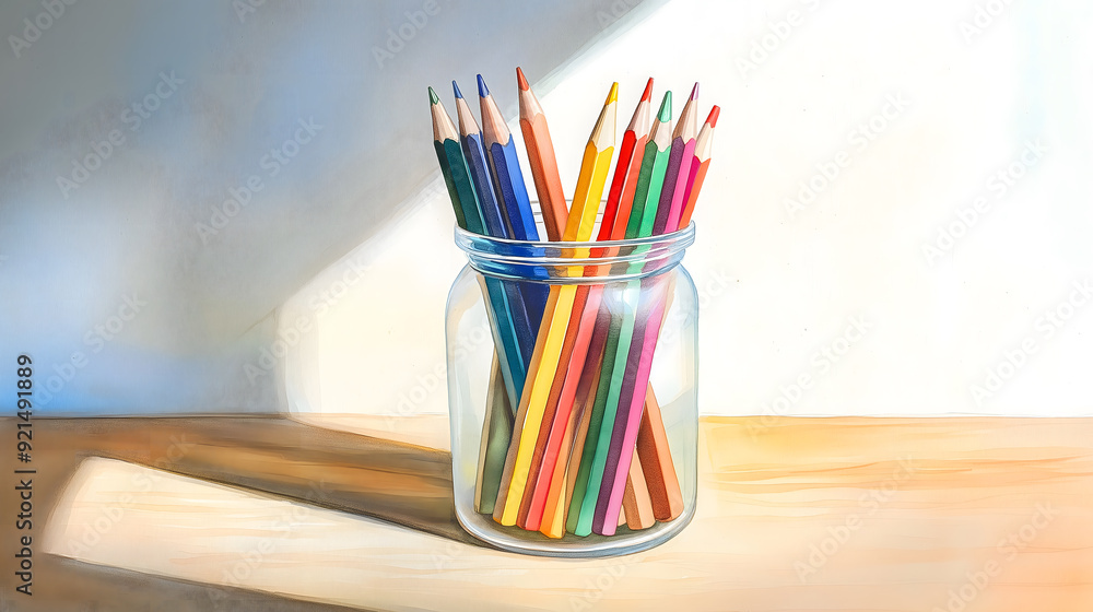Fototapeta premium A jar of vibrant colored pencils neatly arranged on a wooden table
