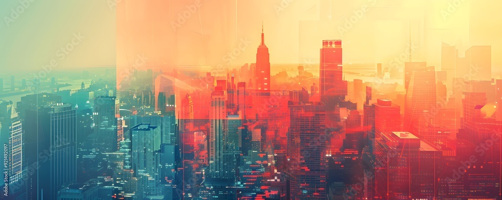 A Cityscape with an Abstract Overlay at Sunset A Cityscape with an Abstract Overlay at Sunset
