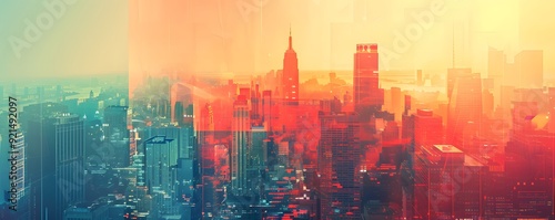 A Cityscape with an Abstract Overlay at Sunset