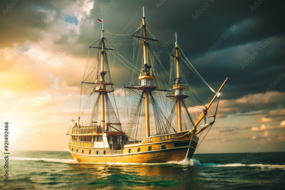 A large ship sails through the ocean on a cloudy day A large ship sails through the ocean on a cloudy day