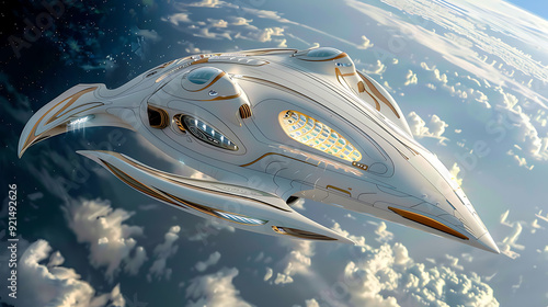 Wallpaper Mural 4. Elegant interstellar cruiser with sweeping curves and bioluminescent lights, designed for deep space travel  Torontodigital.ca