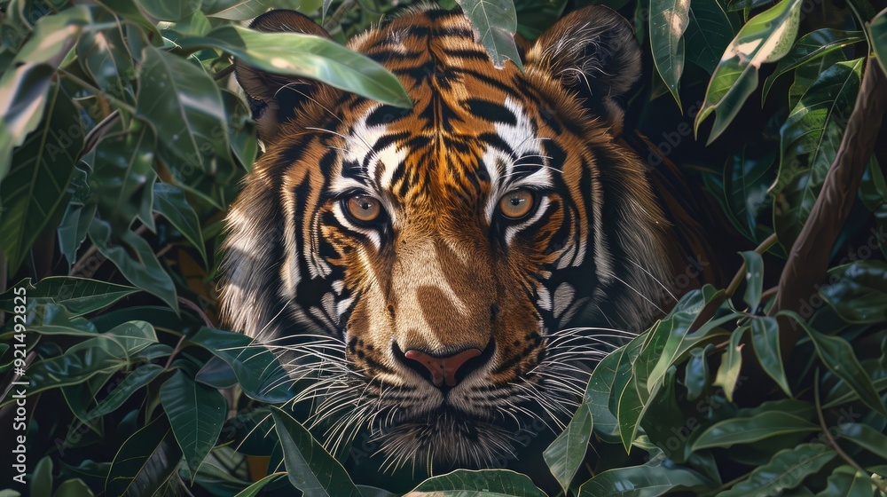 Color photo of a tiger prowling through the jungle, intense gaze with vibrant orange and black stripes, dense green foliage, dappled sunlight Color photo of a tiger prowling through the jungle, intense gaze with vibrant orange and black stripes, dense green foliage, dappled sunlight