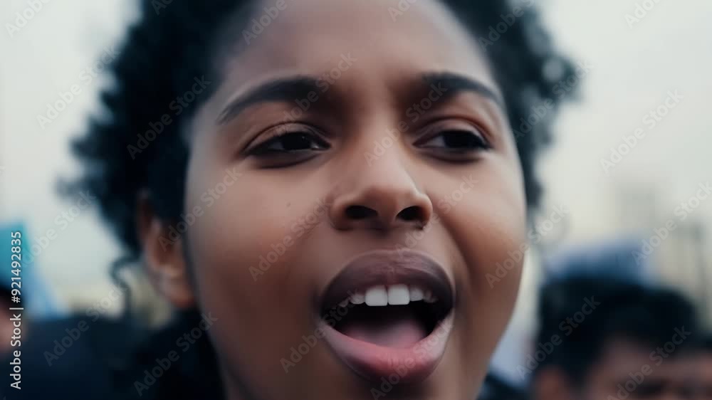 A closeup of a young protesters face her mouth open in a powerful chant as she leads the crowd in a callandresponse rhythm. A closeup of a young protesters face her mouth open in a powerful chant as she leads the crowd in a callandresponse rhythm.