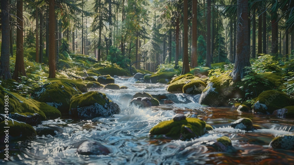 Color photo of a river flowing through a forest, clean water with rocks and moss, dense trees on both sides, soft natural light Color photo of a river flowing through a forest, clean water with rocks and moss, dense trees on both sides, soft natural light