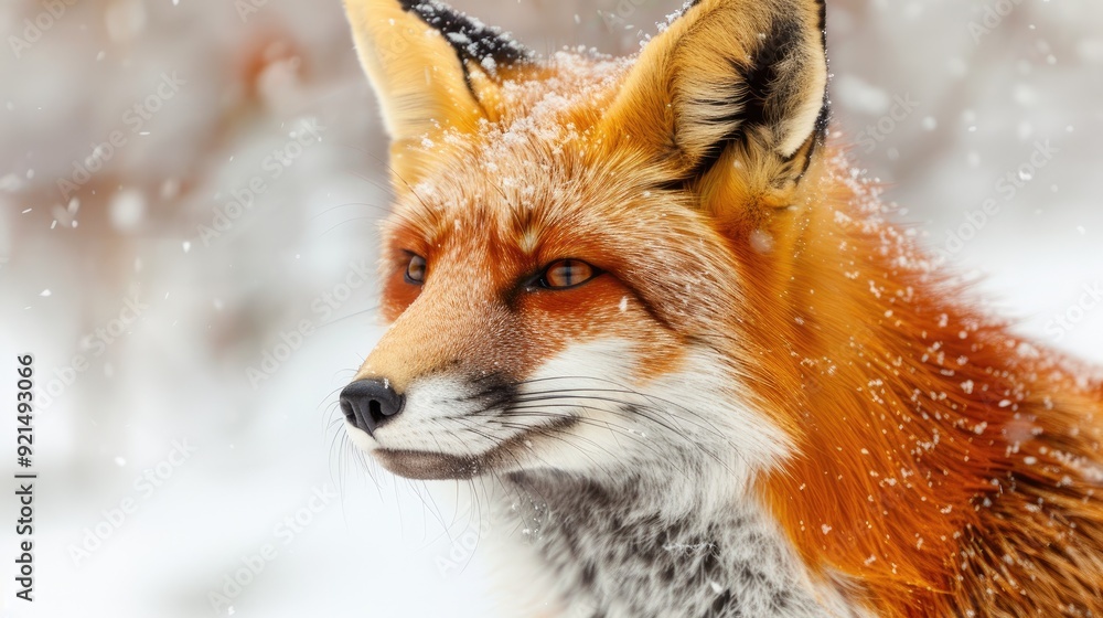 Obraz premium Color photo of a red fox in the snow, vibrant orange fur with a watchful expression, snow-covered ground, soft winter light