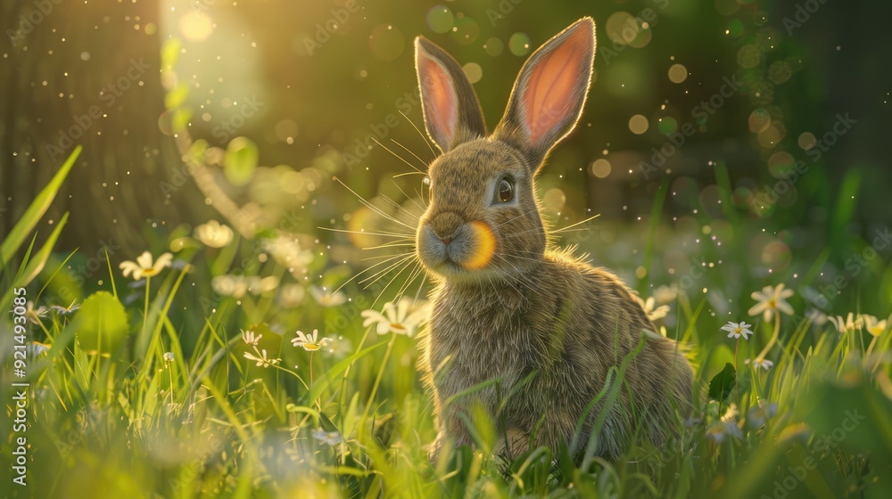 Color photo of a rabbit nibbling on grass, soft fur with alert ears, green meadow with wildflowers, warm sunlight Color photo of a rabbit nibbling on grass, soft fur with alert ears, green meadow with wildflowers, warm sunlight