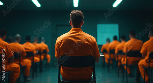 A prison warden discussing rehabilitation programs with inmates in a facility The scene shows hope and change, with educational materials and artwork created by inmates