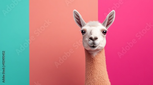 A cute llama with a curious expression, posing against vibrant pink and teal backgrounds, perfect for playful and colorful designs.