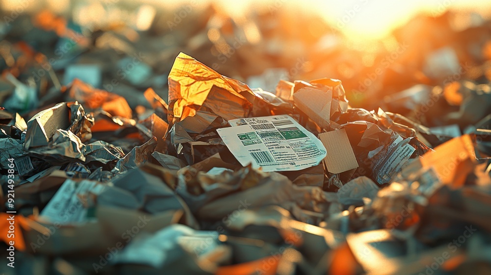 A close-up shot of a landfill full of paper packages, focusing on the chaotic arrangement of crumpled boxes and paper wrappers. A close-up shot of a landfill full of paper packages, focusing on the chaotic arrangement of crumpled boxes and paper wrappers.