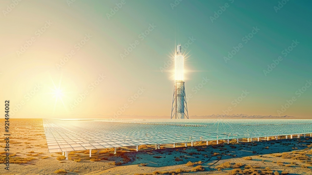 Fototapeta premium Color photo of a concentrated solar power plant, mirrors focusing sunlight onto a central tower, desert landscape, bright clear sky