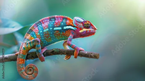 Obraz Color photo of a colorful chameleon on a branch, vibrant colors with a curled tail, tropical jungle, bright natural light