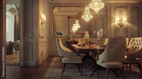 Color photo of a chic dining room, elegant table with upholstered chairs, large mirror on the wall, soft ambient lighting