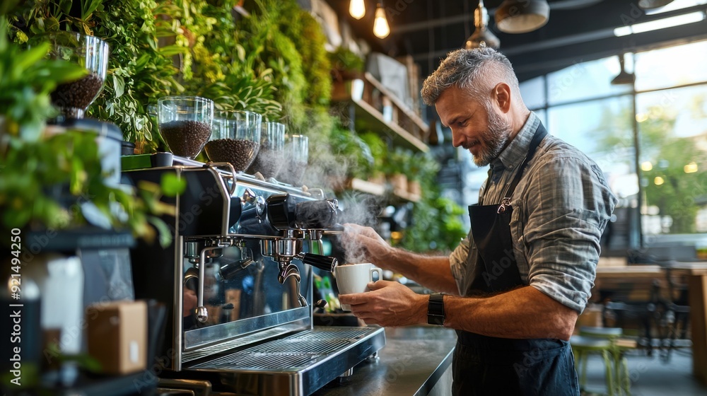 A barista in an eco-conscious coffee shop serves a steaming cup of coffee to a customer. The cup is made from biodegradable packaging with a design emphasizing environmental friendliness. The cafe is A barista in an eco-conscious coffee shop serves a steaming cup of coffee to a customer. The cup is made from biodegradable packaging with a design emphasizing environmental friendliness. The cafe is