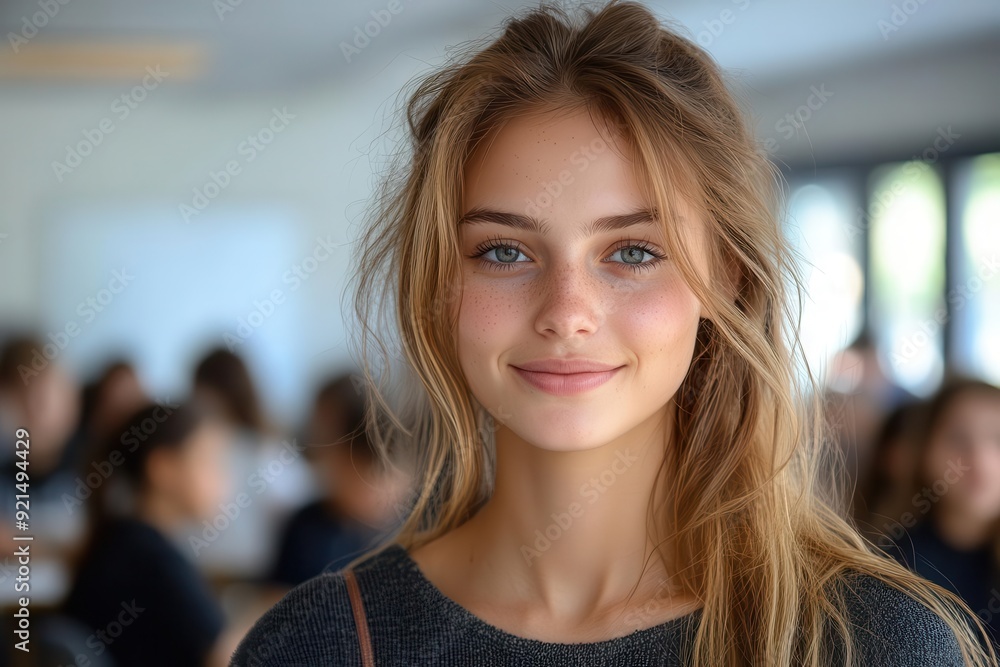 inspiring portrait of young female teacher in modern classroom warm encouraging smile smart casual attire engaged students visible in background bright welcoming educational environment inspiring portrait of young female teacher in modern classroom warm encouraging smile smart casual attire engaged students visible in background bright welcoming educational environment