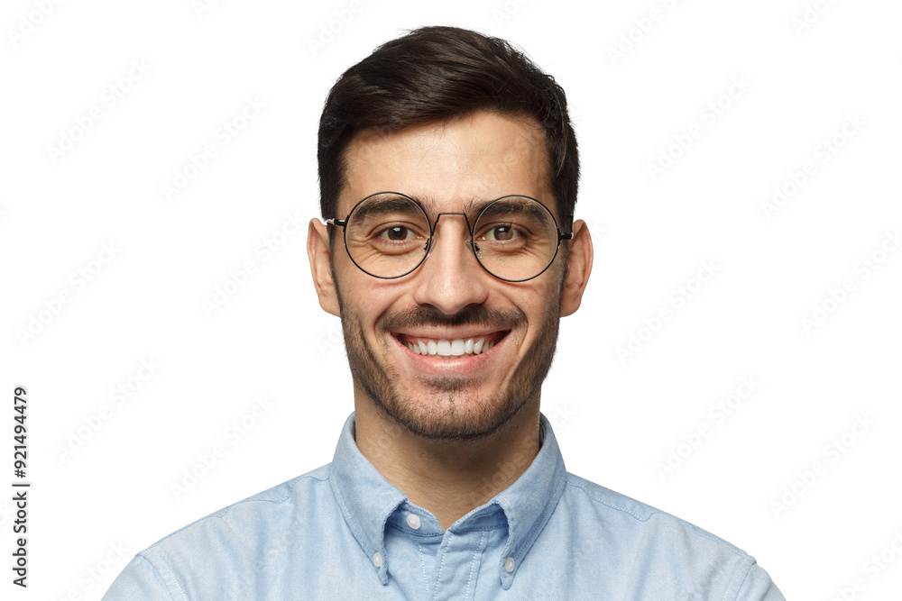 Portrait of businessman smiling at camera, wearing round glasses Portrait of businessman smiling at camera, wearing round glasses