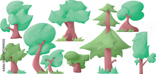 set of trees and bushes vector illustration, cute and fluffy design