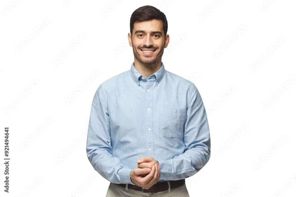 Handsome businessman standing and showing positive smile to camera Handsome businessman standing and showing positive smile to camera