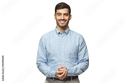 Handsome businessman standing and showing positive smile to camera photo