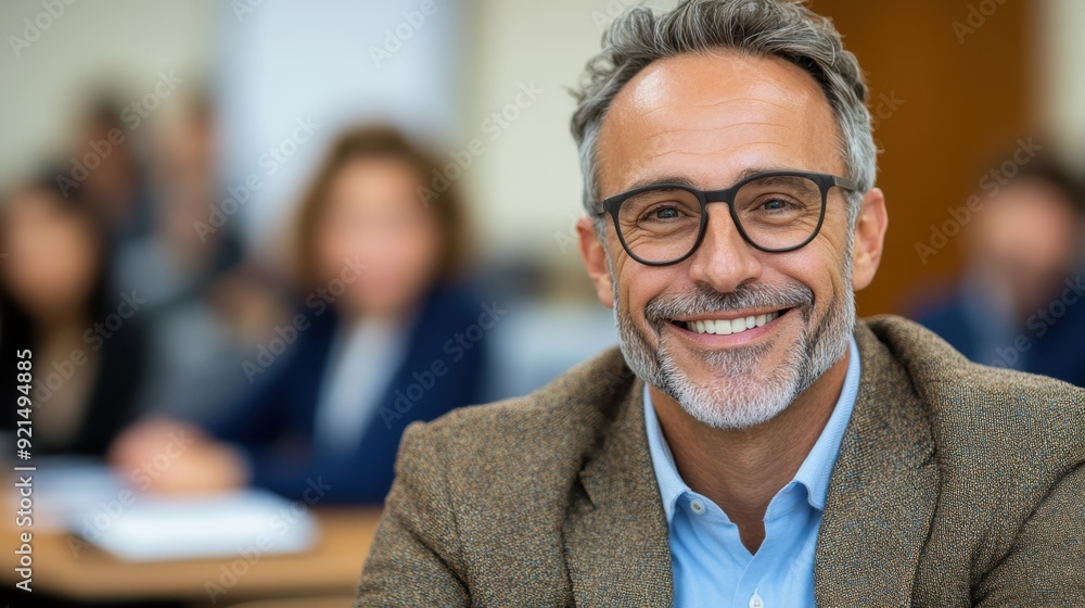 A professional man with glasses is smiling while participating in a business meeting, showcasing his engagement and the collaborative nature of a dynamic corporate environment. A professional man with glasses is smiling while participating in a business meeting, showcasing his engagement and the collaborative nature of a dynamic corporate environment.