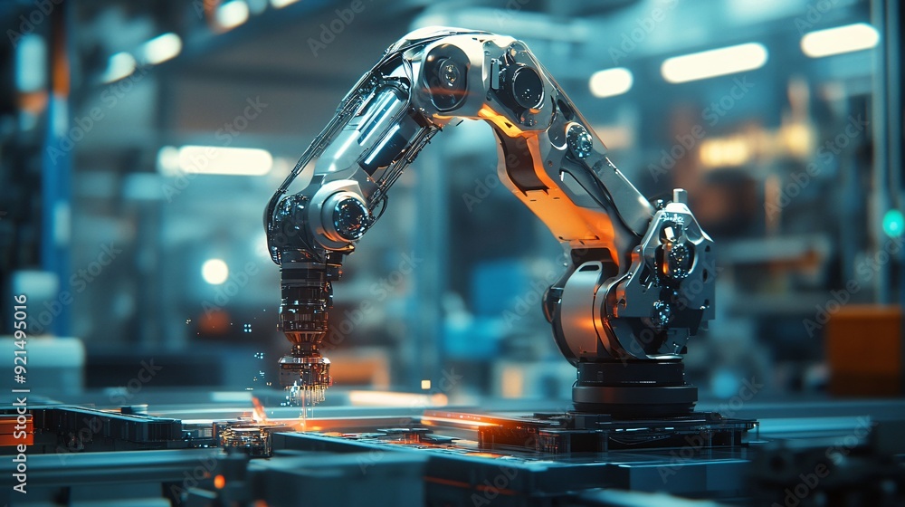 A high-tech robotic arm precisely assembling components in an automated factory, showcasing advanced manufacturing technology and industrial automation. A high-tech robotic arm precisely assembling components in an automated factory, showcasing advanced manufacturing technology and industrial automation.