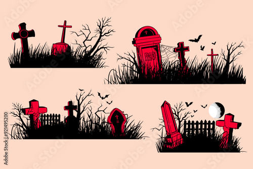 Gravestone and tombstone silhouettes. Cemetery crosses and gravestones icons
