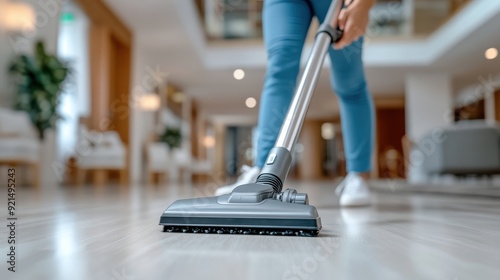 Wallpaper Mural A person is seen vacuuming a hardwood floor in a modern, brightly lit home, showcasing the clean and polished environment, emphasizing household maintenance and cleanliness. Torontodigital.ca
