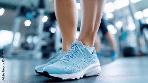 A person wearing light blue sneakers stands on the floor of a fitness gym, ready for a workout session, symbolizing health, fitness, and an active lifestyle.