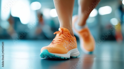 A close-up image of orange athletic shoes with teal soles worn by a person in a gym setting with a blurred background, emphasizing the shoes' vibrant and sporty design.