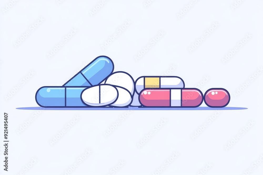 Cartoon style pile of various pills and capsules highlighting the playful side of pharmaceutical presentations Cartoon style pile of various pills and capsules highlighting the playful side of pharmaceutical presentations