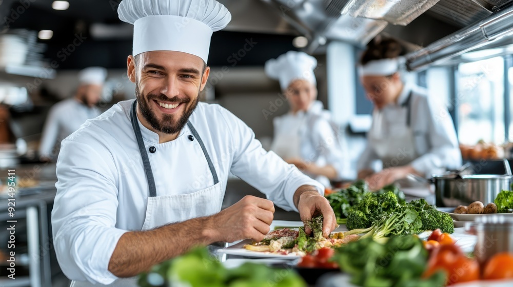 A happy chef, dressed in a traditional white uniform and hat, works diligently in a bustling gourmet kitchen, focusing on preparing exquisite dishes with fresh ingredients.