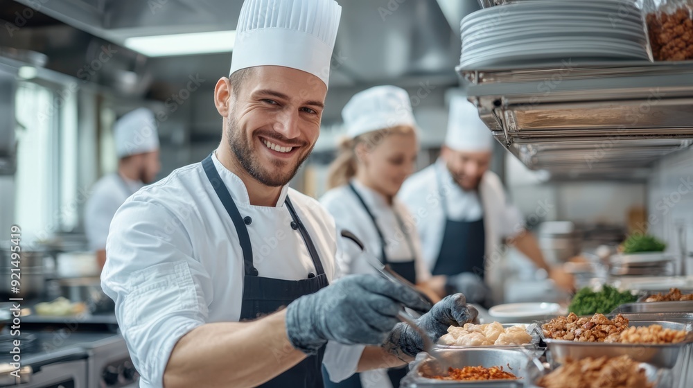 A smiling chef wearing a white chef's hat and apron works in a busy kitchen, preparing various dishes with other chefs around, showcasing teamwork and culinary skills. A smiling chef wearing a white chef's hat and apron works in a busy kitchen, preparing various dishes with other chefs around, showcasing teamwork and culinary skills.