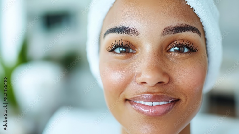 A woman with a towel on her head, smiling in a spa setting, looking directly at the camera, enjoying a moment of relaxation and pampering, capturing the essence of self-care. A woman with a towel on her head, smiling in a spa setting, looking directly at the camera, enjoying a moment of relaxation and pampering, capturing the essence of self-care.