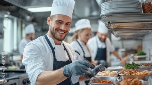 A smiling chef wearing a white chef's hat and apron works in a busy kitchen, preparing various dishes with other chefs around, showcasing teamwork and culinary skills.