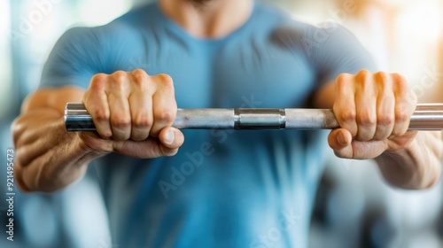 A muscular individual displays strength and fitness by lifting a barbell with a close grip at the gym, focusing on upper body workout. Fitness-focused ambiance.