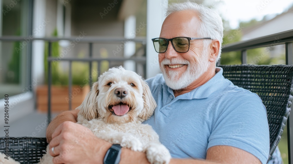 A smiling older man with white hair and beard, wearing glasses and a light blue shirt, holds his fluffy white dog on his lap while sitting outside on a wicker chair. A smiling older man with white hair and beard, wearing glasses and a light blue shirt, holds his fluffy white dog on his lap while sitting outside on a wicker chair.