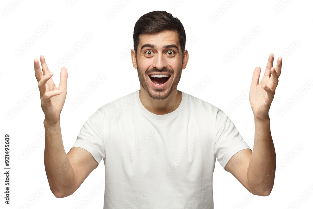 Young happy crazy man showing big size gesture with hands, emphasizing great amount of something Young happy crazy man showing big size gesture with hands, emphasizing great amount of something