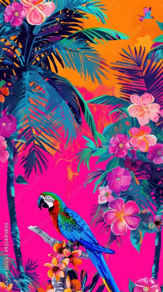 A macaw rests on a branch surrounded by lush tropical flowers and tall palm trees against a vivid sunset backdrop A macaw rests on a branch surrounded by lush tropical flowers and tall palm trees against a vivid sunset backdrop