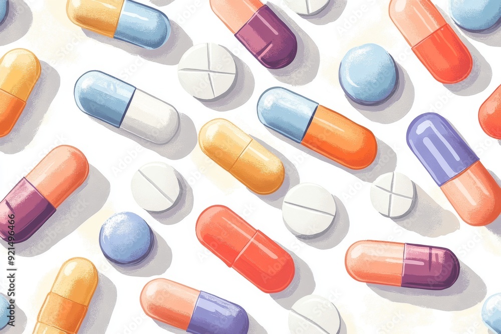 Overflowing pill capsules in motion depicting the dynamic nature of pharmaceutical treatment Overflowing pill capsules in motion depicting the dynamic nature of pharmaceutical treatment
