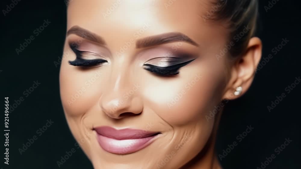 Beautiful woman with perfect skin is showing off her professional makeup, highlighting the skills of a talented makeup artist Beautiful woman with perfect skin is showing off her professional makeup, highlighting the skills of a talented makeup artist