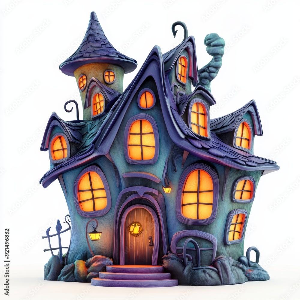 Cheerful Haunted House - Colorful 3D Illustration of a Spooky Home with Smiling Windows on White Background Cheerful Haunted House - Colorful 3D Illustration of a Spooky Home with Smiling Windows on White Background