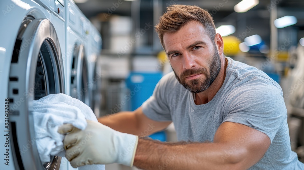 A man in a grey t-shirt handling a laundry machine in an industrial laundry setting, showing meticulousness, responsibility, and expertise in handling large-scale laundry tasks. A man in a grey t-shirt handling a laundry machine in an industrial laundry setting, showing meticulousness, responsibility, and expertise in handling large-scale laundry tasks.