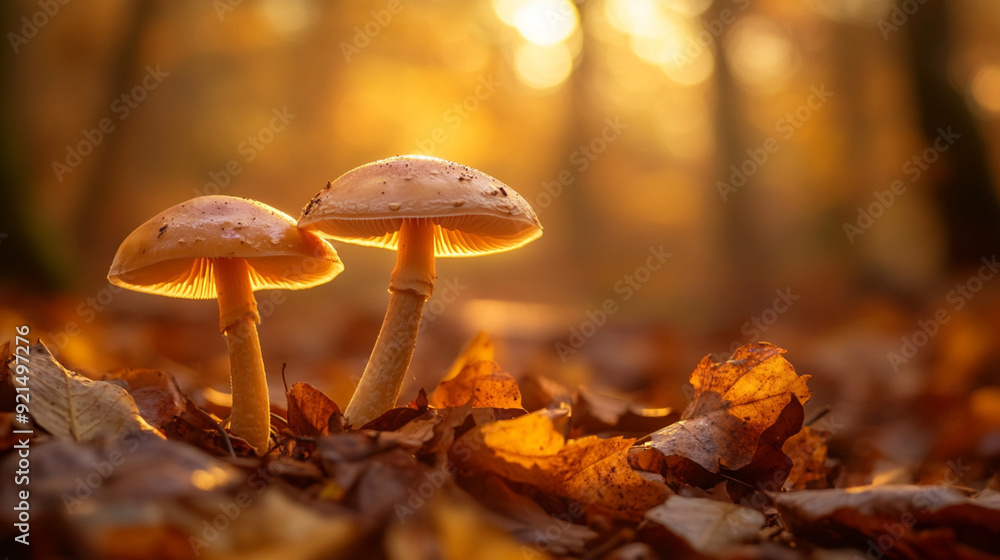 Pair of Mushrooms Sprouting from Fallen Leaves in an Autumn Forest with Warm Light Casting a Soft Glow Pair of Mushrooms Sprouting from Fallen Leaves in an Autumn Forest with Warm Light Casting a Soft Glow