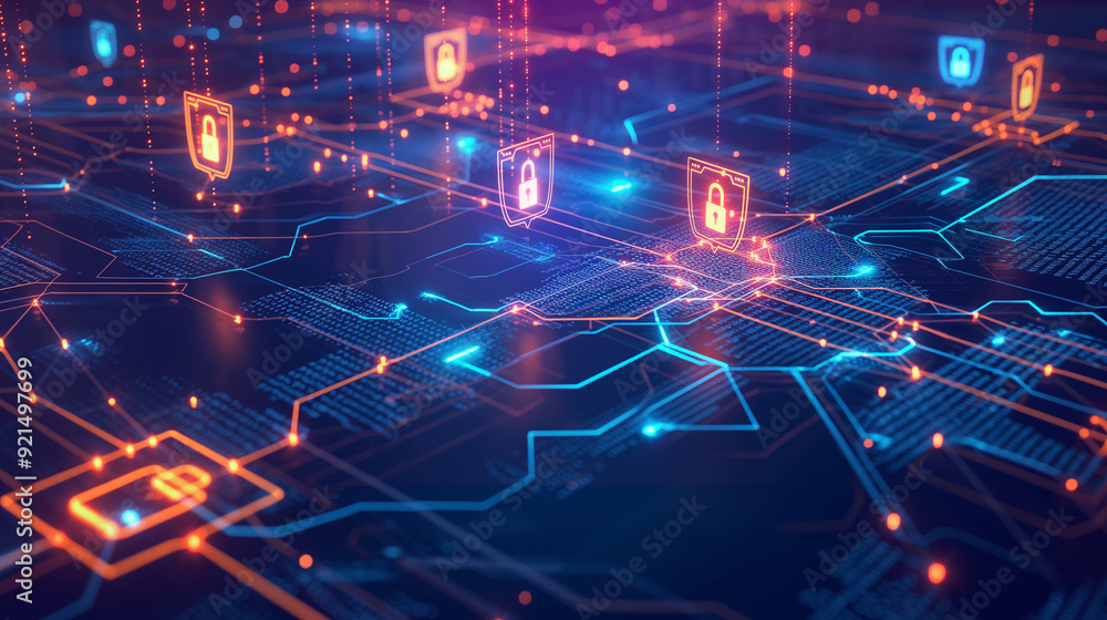 © Ali - a secure digital data transfer with encrypted data streams flowing between devices. Including lock icons, shields, and glowing data paths to emphasize security, cybersecurity concept